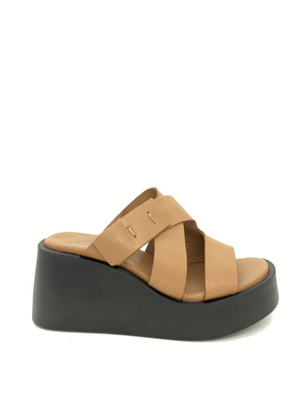 Tan Leather Platform Wedge Sandals