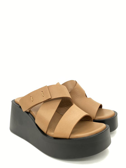 Tan Leather Platform Wedge Sandals