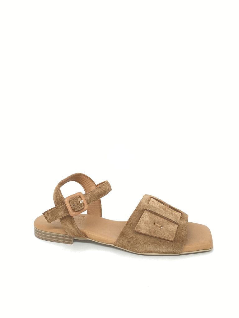 Tan Suede Open-Toe Sandal with Buckle