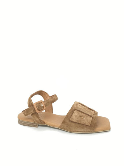 Tan Suede Open-Toe Sandal with Buckle