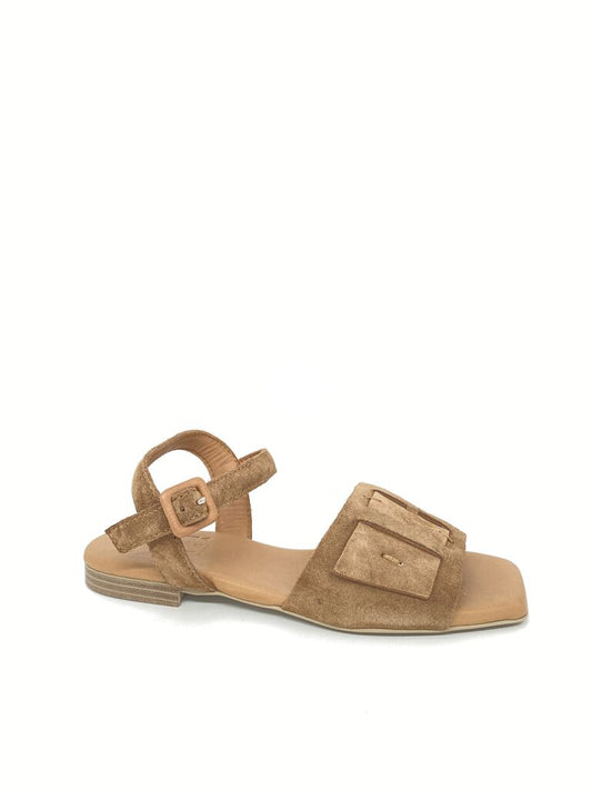 Tan Suede Open-Toe Sandal with Buckle