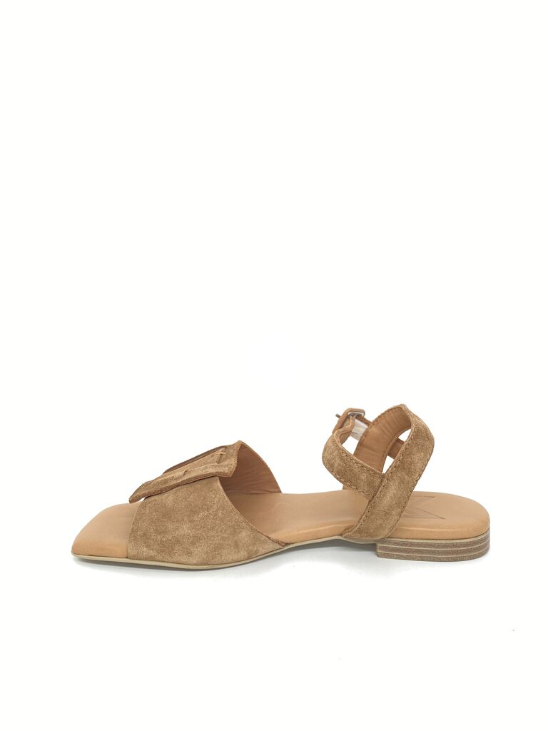 Tan Suede Open-Toe Sandal with Buckle