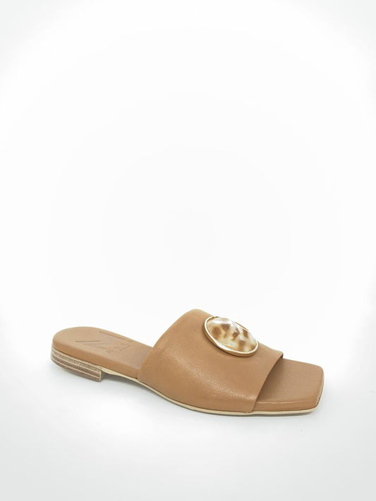 Tan Leather Slide Sandals with Decorative Accent