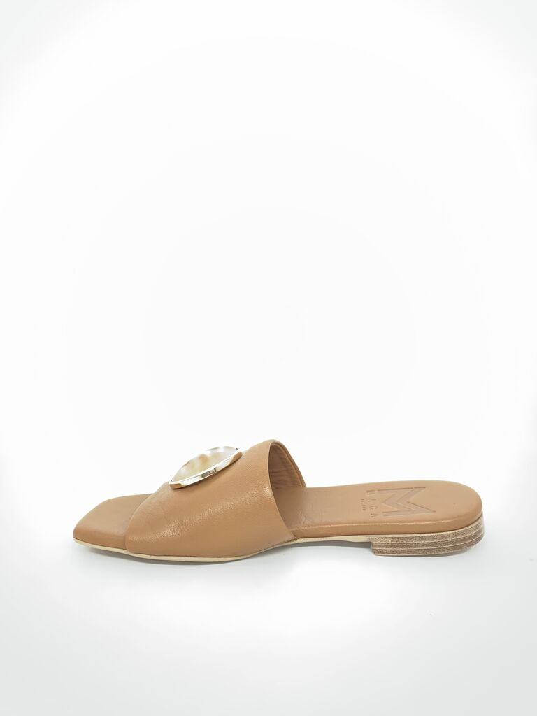 Tan Leather Slide Sandals with Decorative Accent