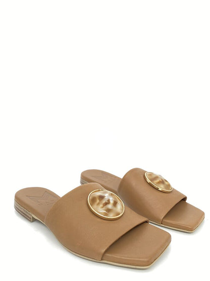 Tan Leather Slide Sandals with Decorative Accent