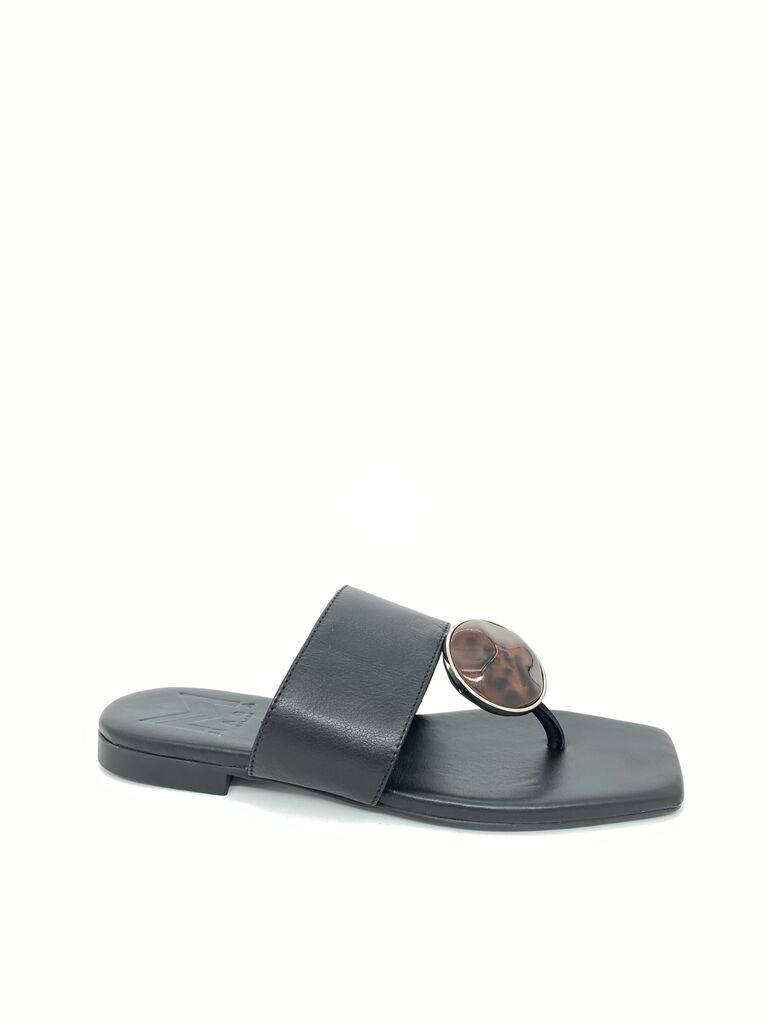 Black Slide Sandals with Tortoiseshell Accent