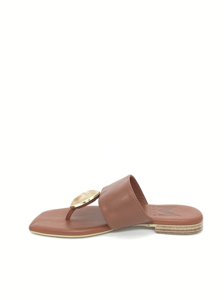 Brown Leather Slide Sandals with Gold Accent