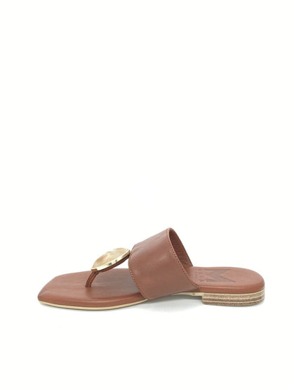 Brown Leather Slide Sandals with Gold Accent