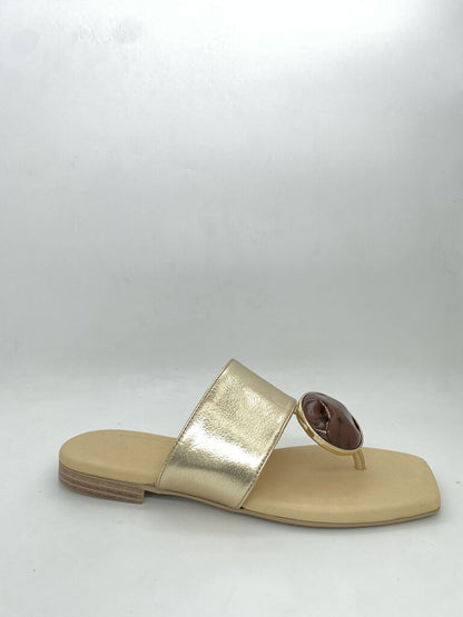 Gold Metallic Slide Sandal with Embellished Accent