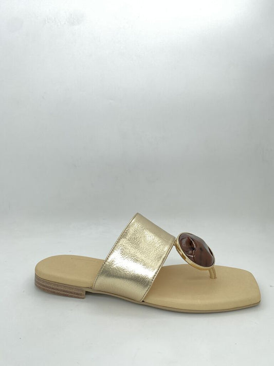 Gold Metallic Slide Sandal with Embellished Accent
