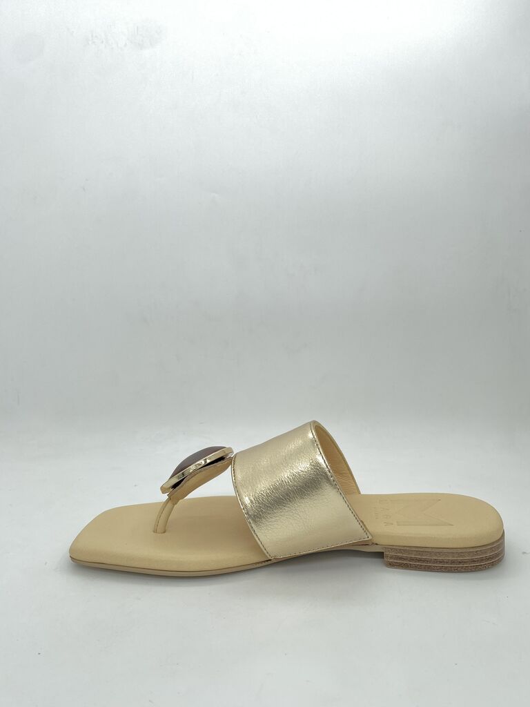 Gold Metallic Slide Sandal with Embellished Accent
