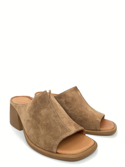 Brown Suede Open-Toe Mule with Block Heel