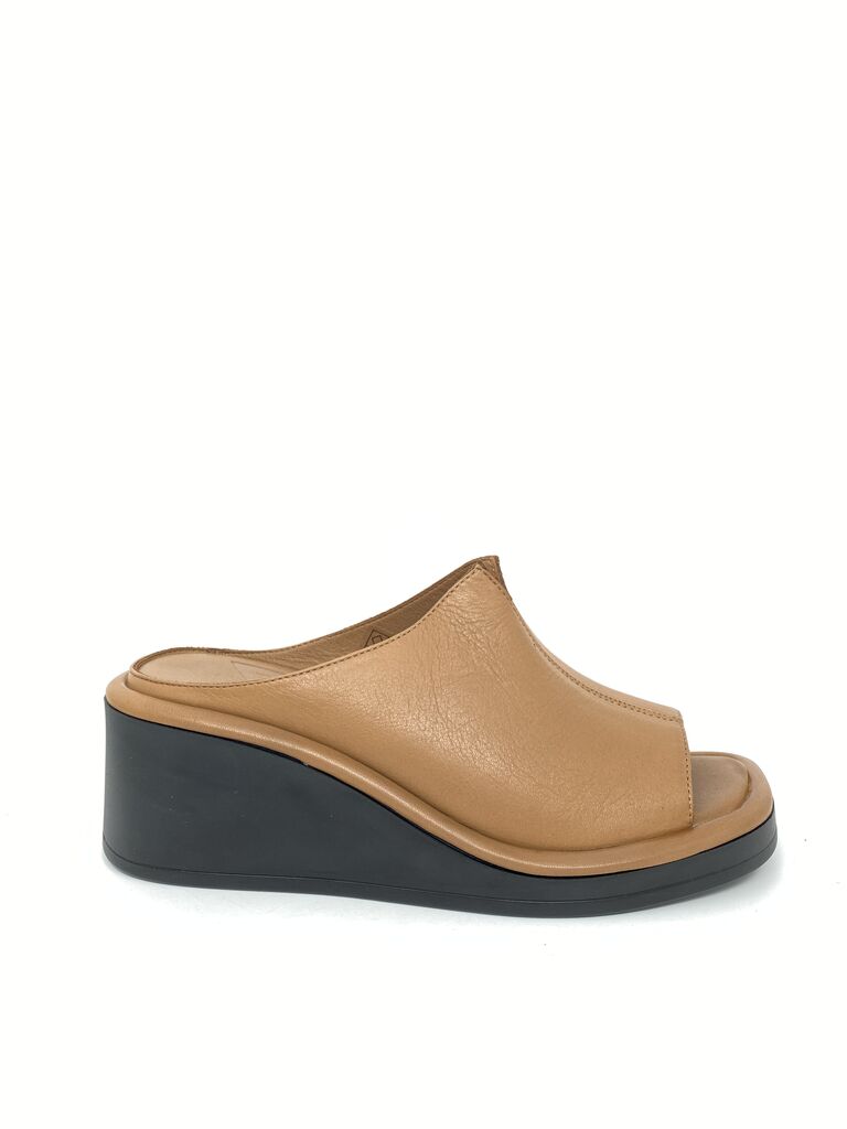 Tan Leather Wedge Sandal with Peep Toe