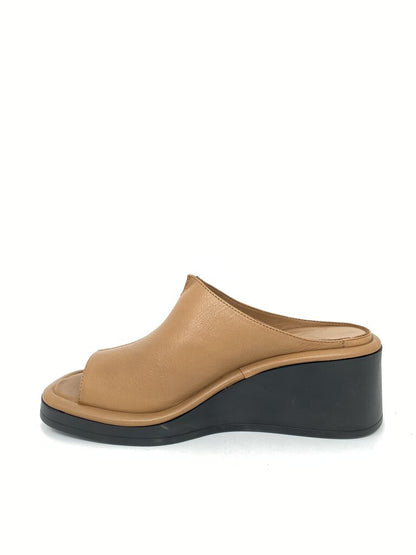 Tan Leather Wedge Sandal with Peep Toe