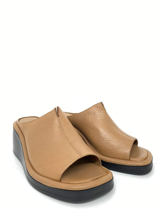 Tan Leather Wedge Sandal with Peep Toe