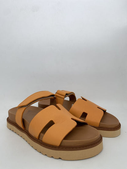 Orange Leather Slide Sandal with Dual Straps
