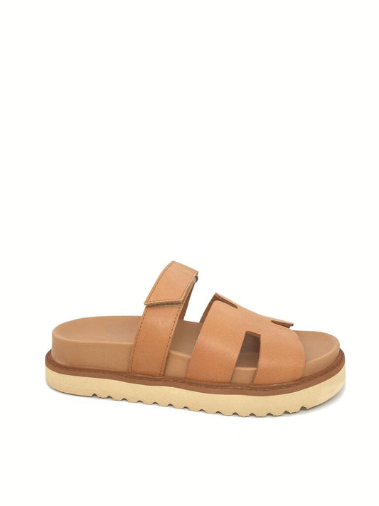 Tan Textured Slide Sandals with Dual Straps