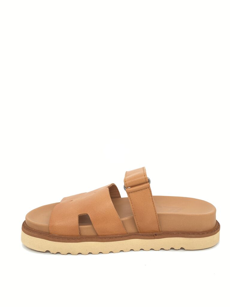 Tan Textured Slide Sandals with Dual Straps