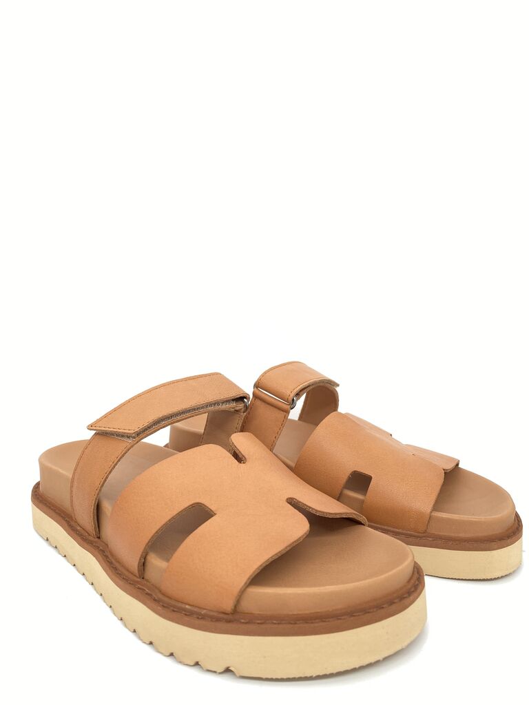 Tan Textured Slide Sandals with Dual Straps