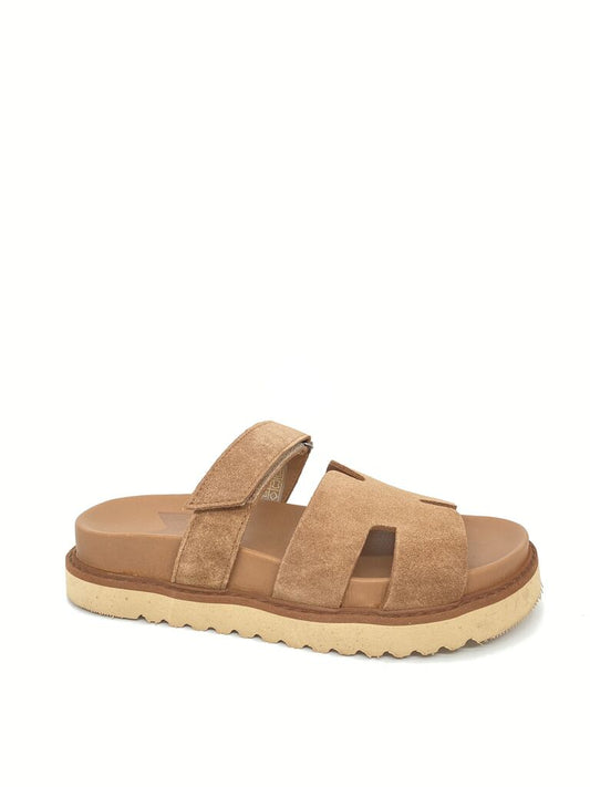 Tan Suede Slide Sandals with Cutout Straps