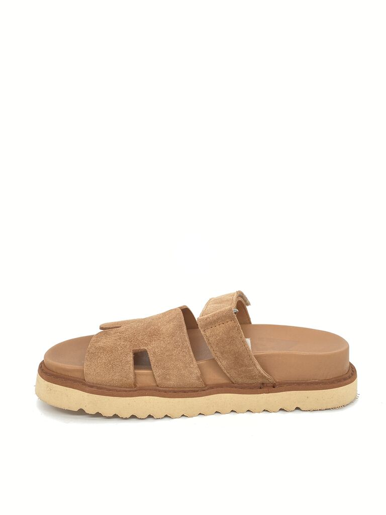 Tan Suede Slide Sandals with Cutout Straps