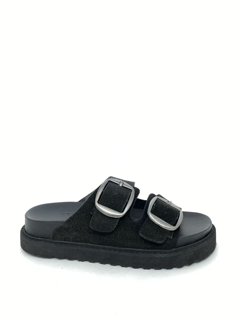 Black Suede Slide Sandals with Buckle Detail