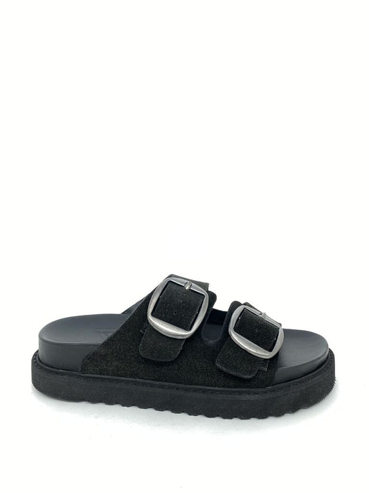 Black Suede Slide Sandals with Buckle Detail