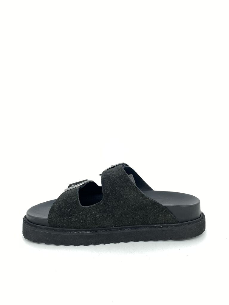 Black Suede Slide Sandals with Buckle Detail