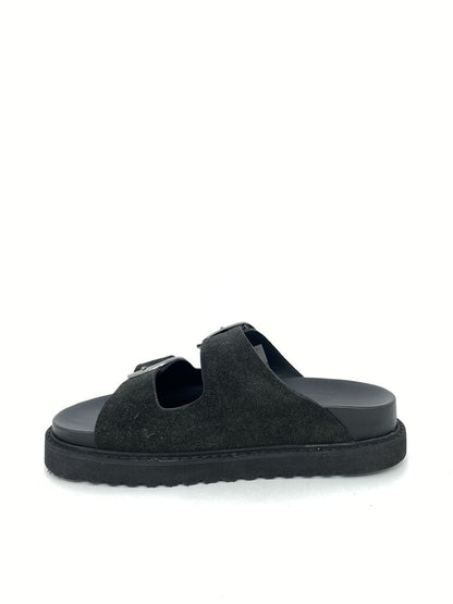 Black Suede Slide Sandals with Buckle Detail