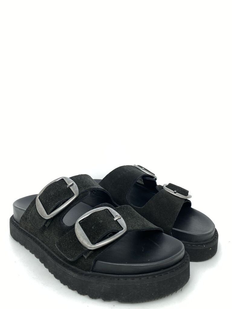 Black Suede Slide Sandals with Buckle Detail