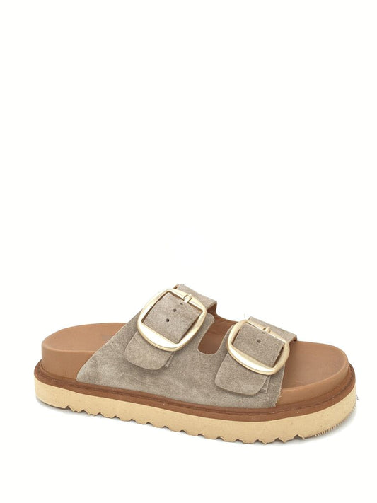 Beige Suede Slide Sandals with Buckle Accent