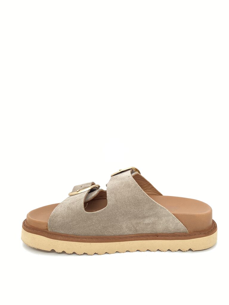 Beige Suede Slide Sandals with Buckle Accent