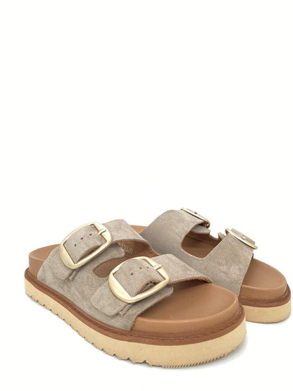 Beige Suede Slide Sandals with Buckle Accent