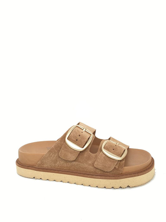 Tan Suede Slide Sandals with Buckle Detail