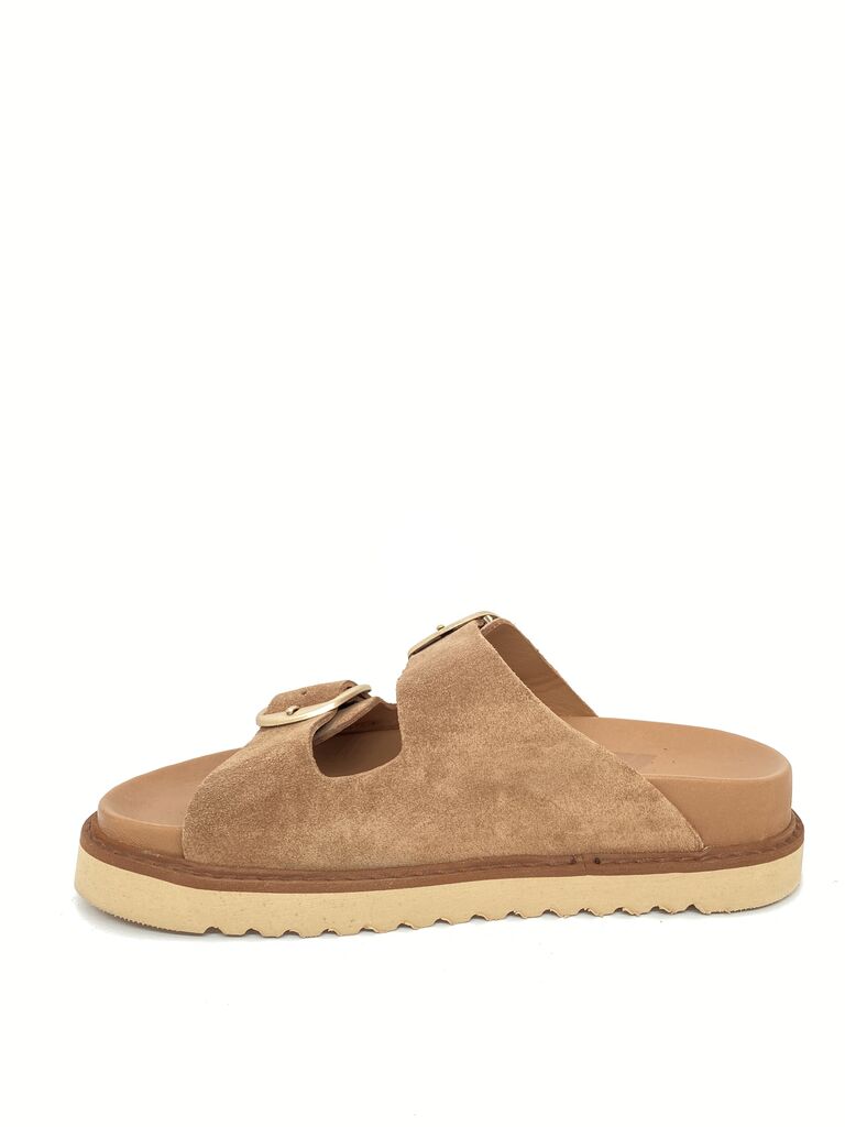 Tan Suede Slide Sandals with Buckle Detail