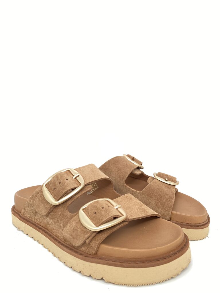 Tan Suede Slide Sandals with Buckle Detail