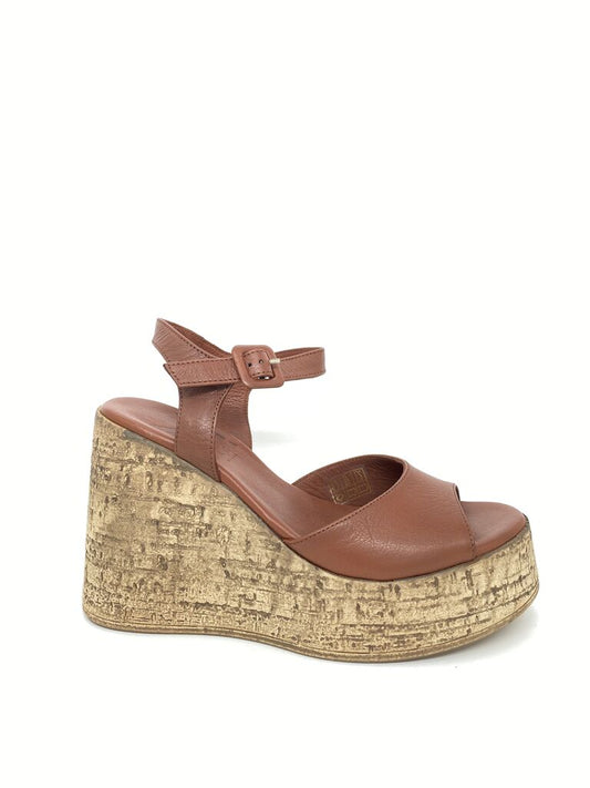 Brown Leather Cork Wedge Sandal with Ankle Strap