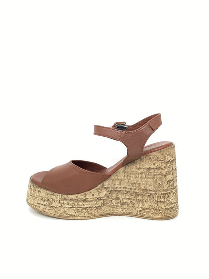 Brown Leather Cork Wedge Sandal with Ankle Strap