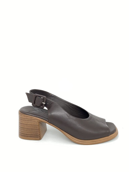 Brown Leather Slingback Block Heel Sandals