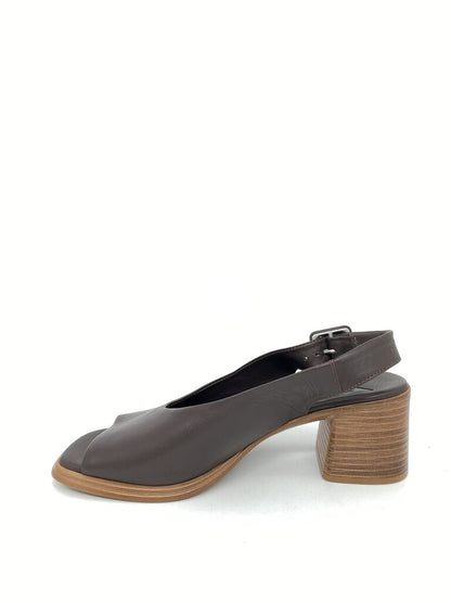 Brown Leather Slingback Block Heel Sandals