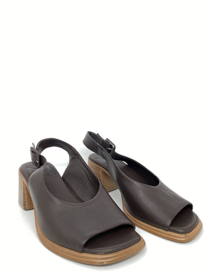 Brown Leather Slingback Block Heel Sandals
