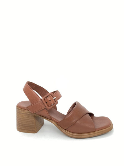 Tan Block Heel Sandal with Buckle Strap