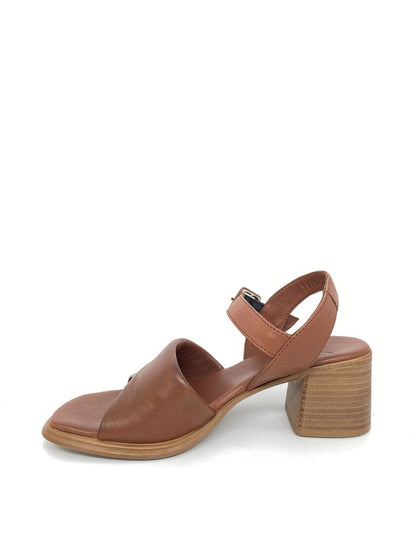 Tan Block Heel Sandal with Buckle Strap