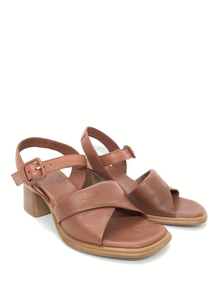 Tan Block Heel Sandal with Buckle Strap