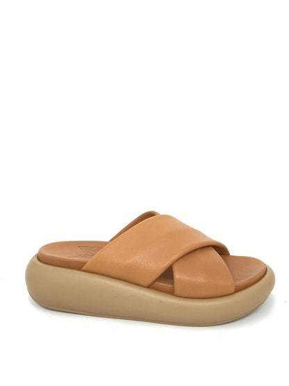 Tan Crisscross Slide Sandal with Cushioned Sole