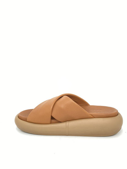 Tan Crisscross Slide Sandal with Cushioned Sole