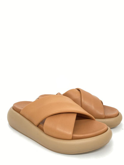 Tan Crisscross Slide Sandal with Cushioned Sole