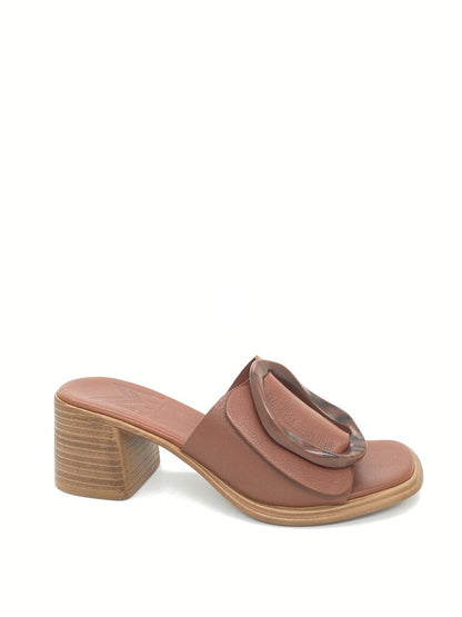 Brown Leather Slide Sandal with Block Heel