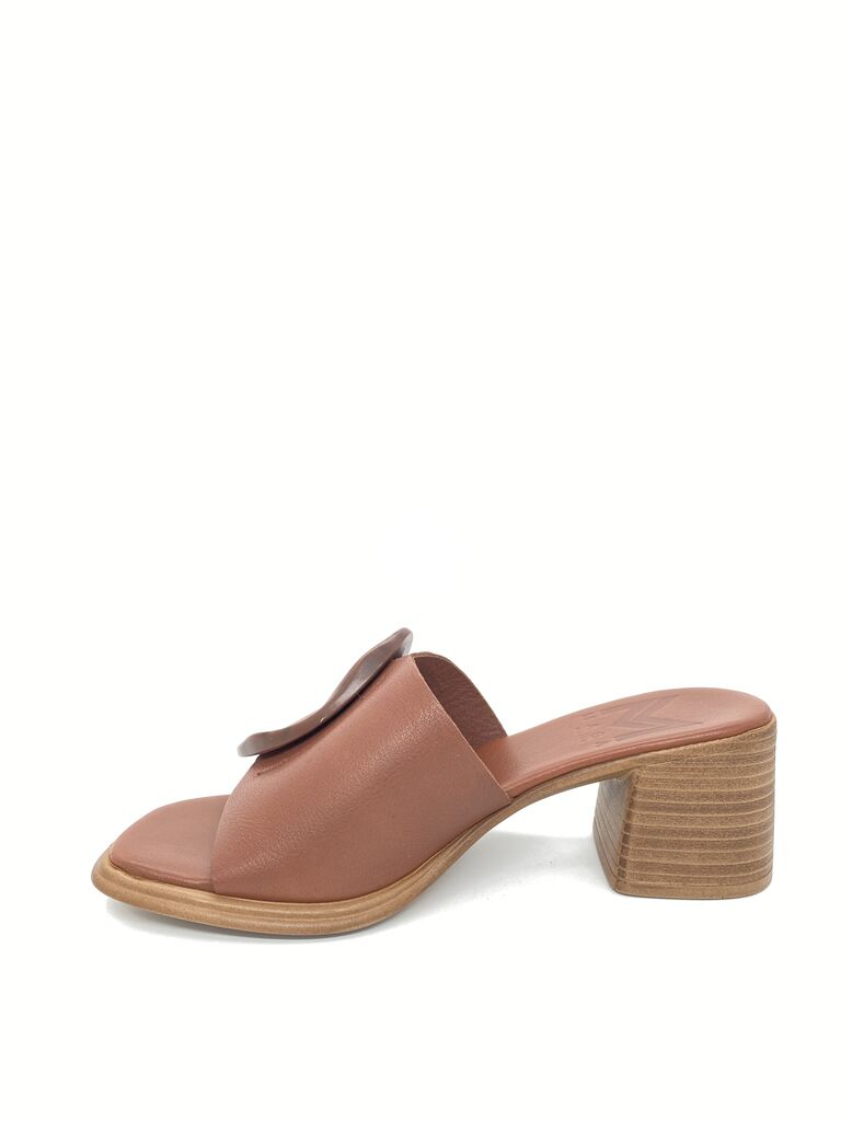 Brown Leather Slide Sandal with Block Heel