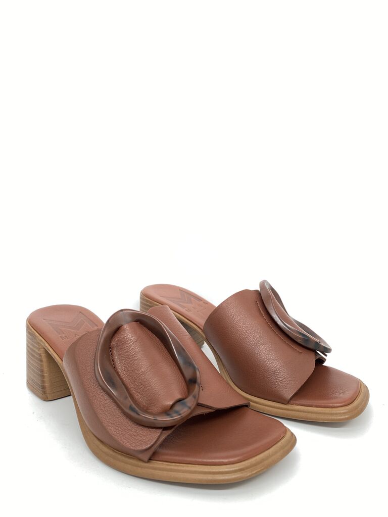 Brown Leather Slide Sandal with Block Heel